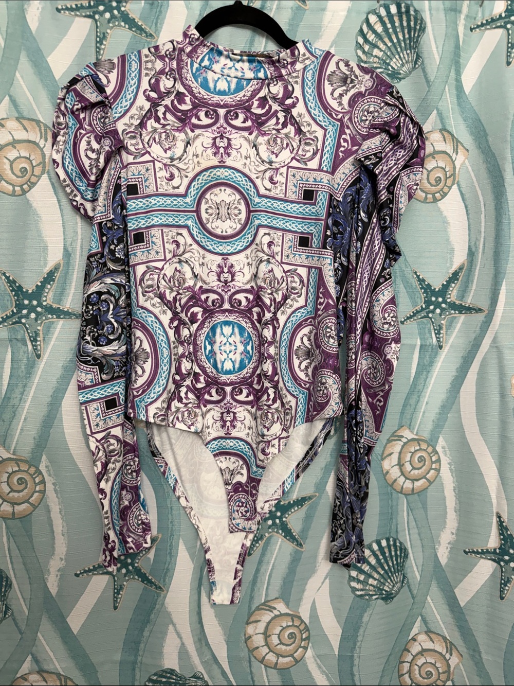 Purple & Teal Ornate Long-Sleeve Bodysuit